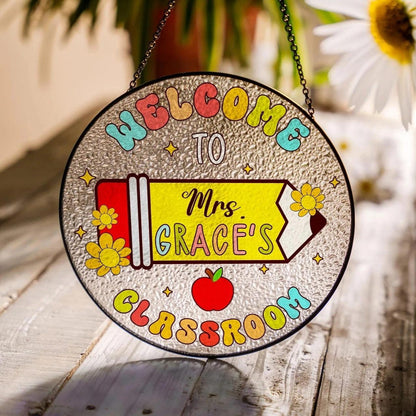 Personalized Teacher Stained Glass Suncatcher, Custom Name Sign Rainbow Pencil Bright, Classroom Decor, Back To School, Gift For Her (Sun-160)