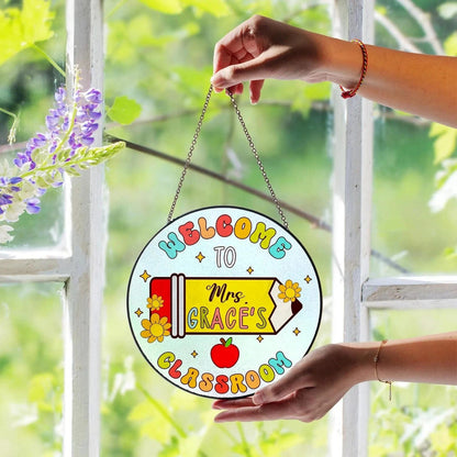 Personalized Teacher Stained Glass Suncatcher, Custom Name Sign Rainbow Pencil Bright, Classroom Decor, Back To School, Gift For Her (Sun-160)