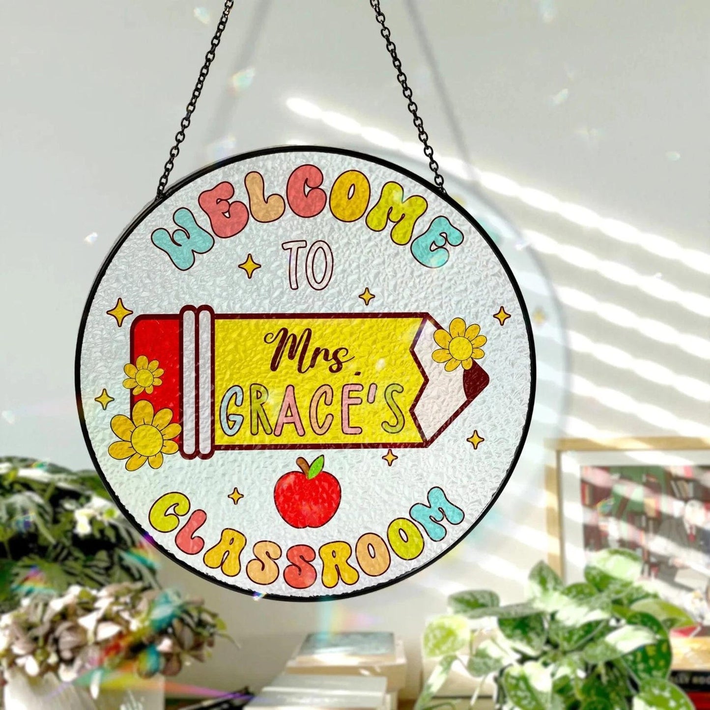 Personalized Teacher Stained Glass Suncatcher, Custom Name Sign Rainbow Pencil Bright, Classroom Decor, Back To School, Gift For Her (Sun-160)
