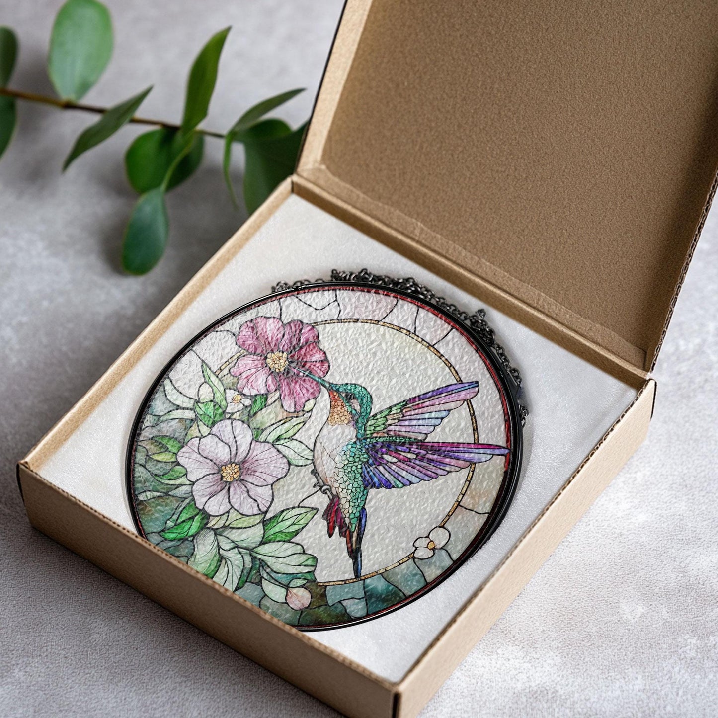 Hummingbird Stained Glass Suncatcher, Hummingbird Window Hanging, Gifts for Mom, Memory Sympathy Gift, Bird Wall Art, Indoor Decor (Sun-76)
