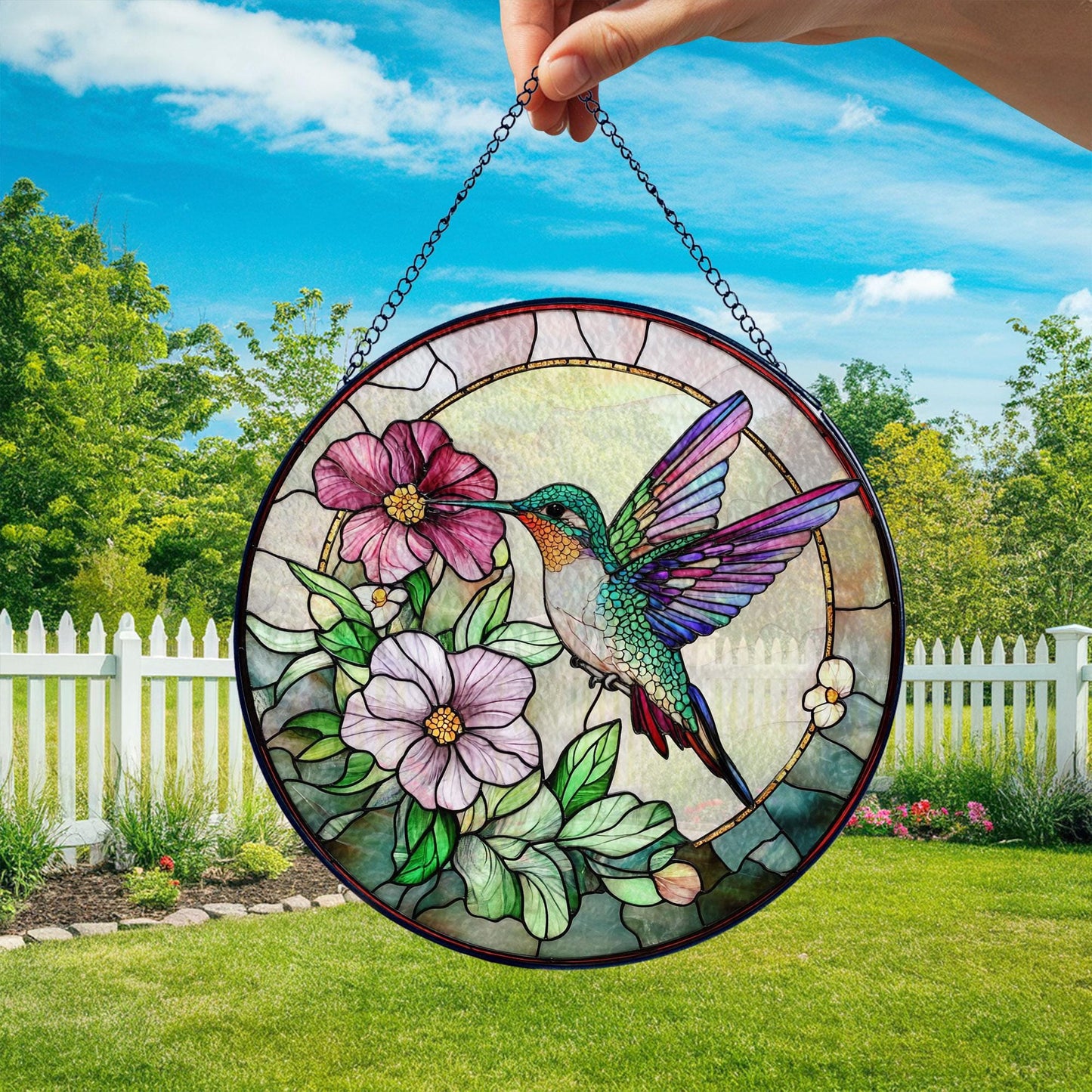 Hummingbird Stained Glass Suncatcher, Hummingbird Window Hanging, Gifts for Mom, Memory Sympathy Gift, Bird Wall Art, Indoor Decor (Sun-76)