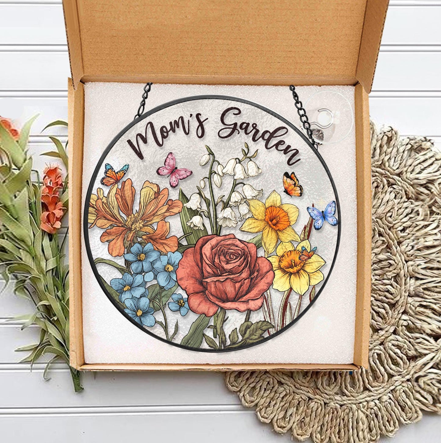 Custom Family Birth Flowers Glass Suncatcher, Custom Mom's Garden Gift, Flower Glass Art, Home Decor, Birth Flower Gift, Mother's Day Gift (Sun-50)