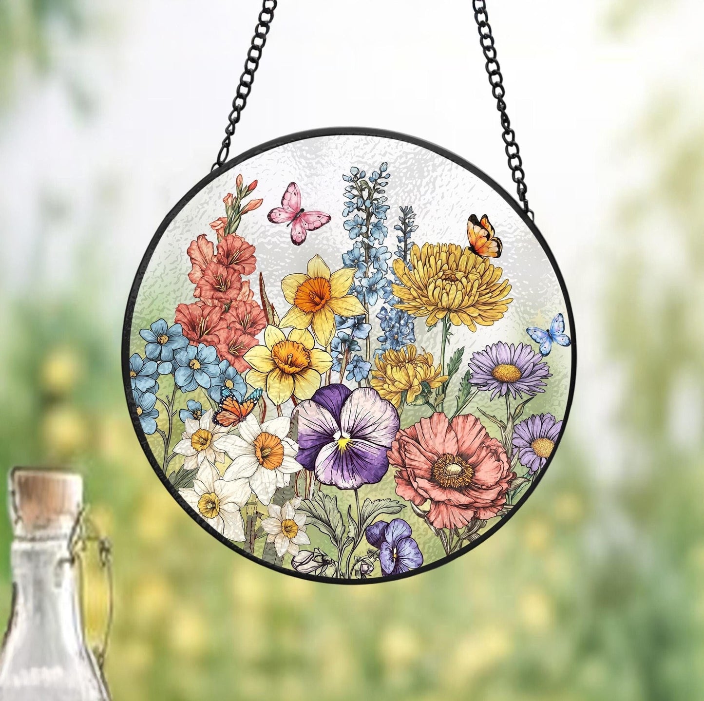 Custom Family Birth Flowers Glass Suncatcher, Custom Mom's Garden Gift, Flower Glass Art, Home Decor, Birth Flower Gift, Mother's Day Gift (Sun-50)