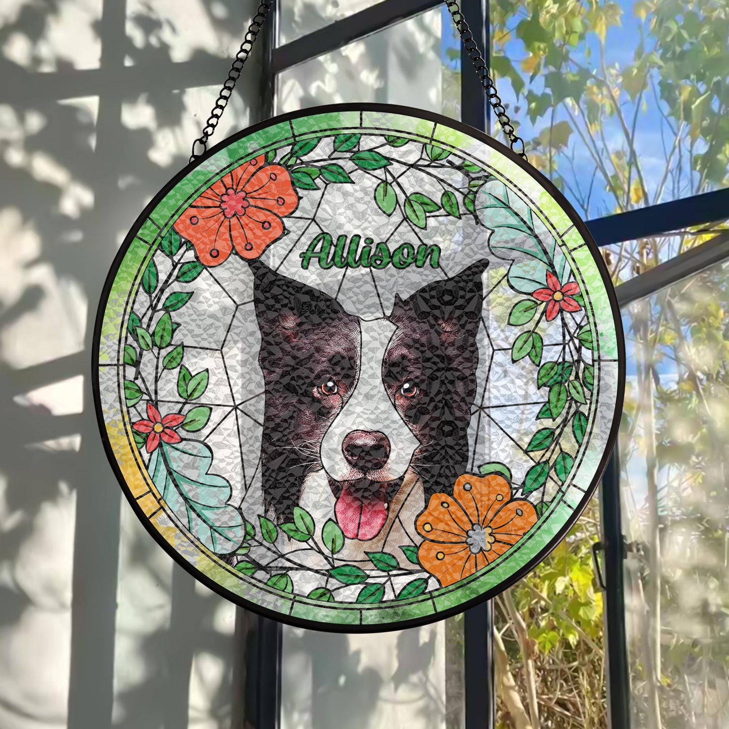 Custom Dog Portrait Glass Suncatcher, Pet Memorial Stained Glass Gift, Personalized Dog Window Art, Handmade Pet Loss Keepsake (Sun-70)