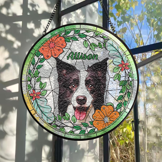 Custom Dog Portrait Glass Suncatcher, Pet Memorial Stained Glass Gift, Personalized Dog Window Art, Handmade Pet Loss Keepsake (Sun-70)