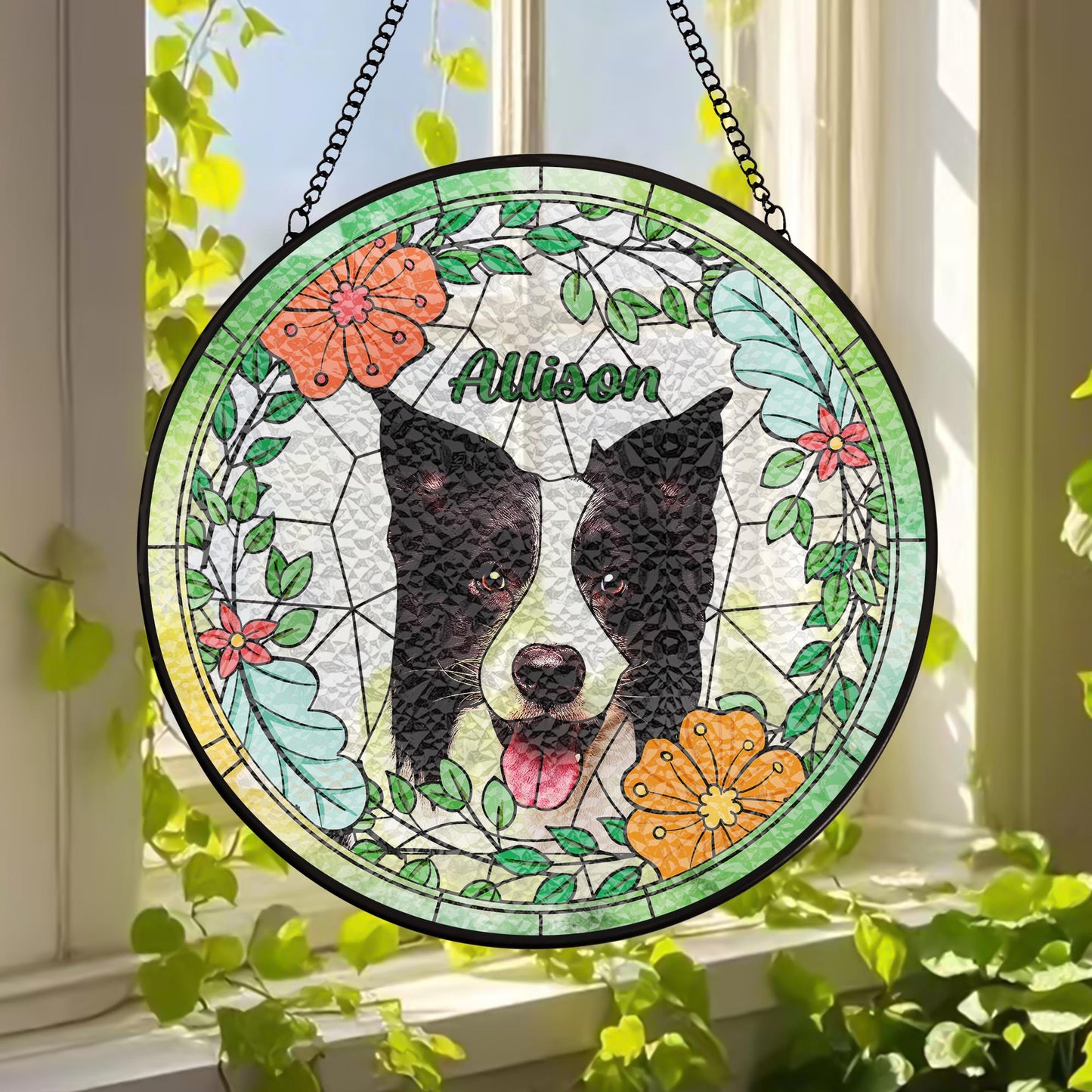 Custom Dog Portrait Glass Suncatcher, Pet Memorial Stained Glass Gift, Personalized Dog Window Art, Handmade Pet Loss Keepsake (Sun-70)
