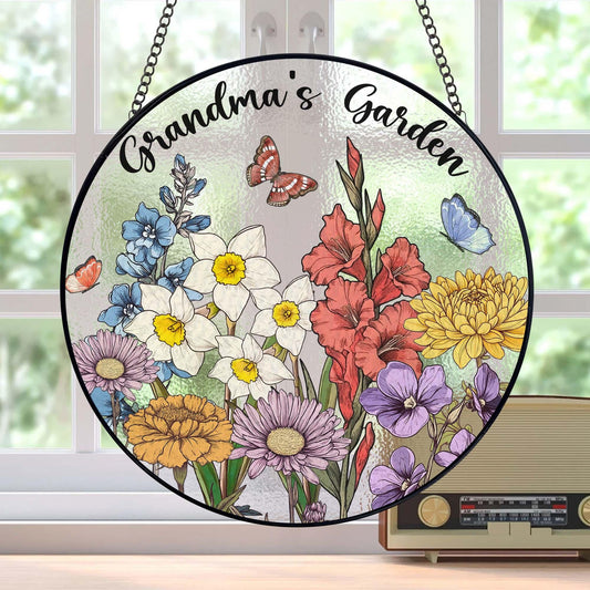Custom Family Birth Flowers Stained Glass Suncatcher, Birth Month Flower Glass Art Gift, Personalized Mom's Garden Gift, Mother's Day Gift (Sun-60)