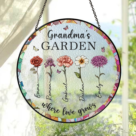 Grandma's Garden Glass Suncatcher Gift For Grandma,Personalized Birth Flower Stained Glass Window Glass Suncatcher,Mother's Day Gift For Grandma, Glass Suncatcher (Sun-74)