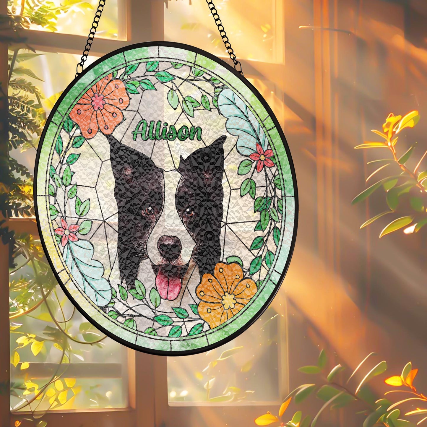 Custom Dog Portrait Glass Suncatcher, Pet Memorial Stained Glass Gift, Personalized Dog Window Art, Handmade Pet Loss Keepsake (Sun-70)