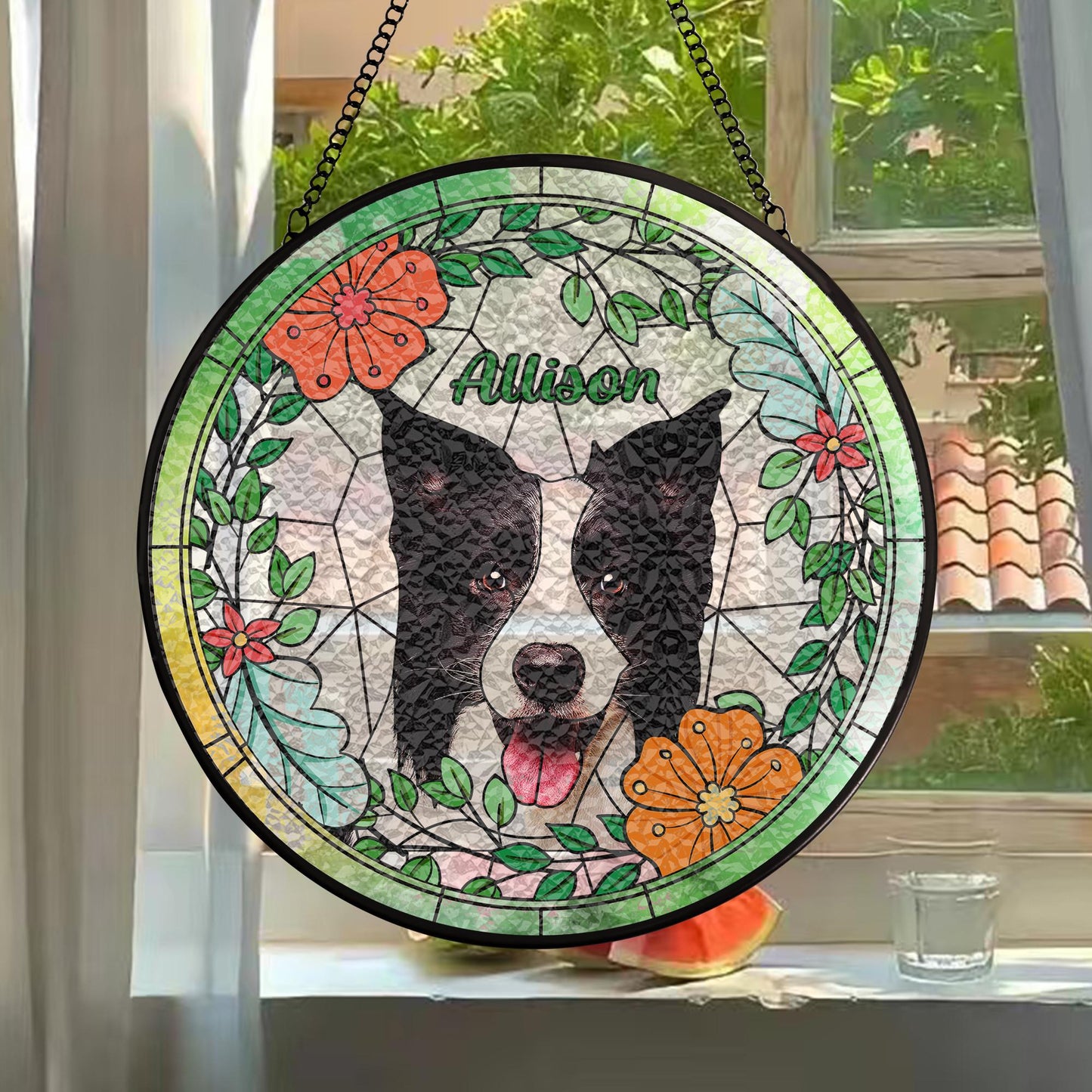 Custom Dog Portrait Glass Suncatcher, Pet Memorial Stained Glass Gift, Personalized Dog Window Art, Handmade Pet Loss Keepsake (Sun-70)