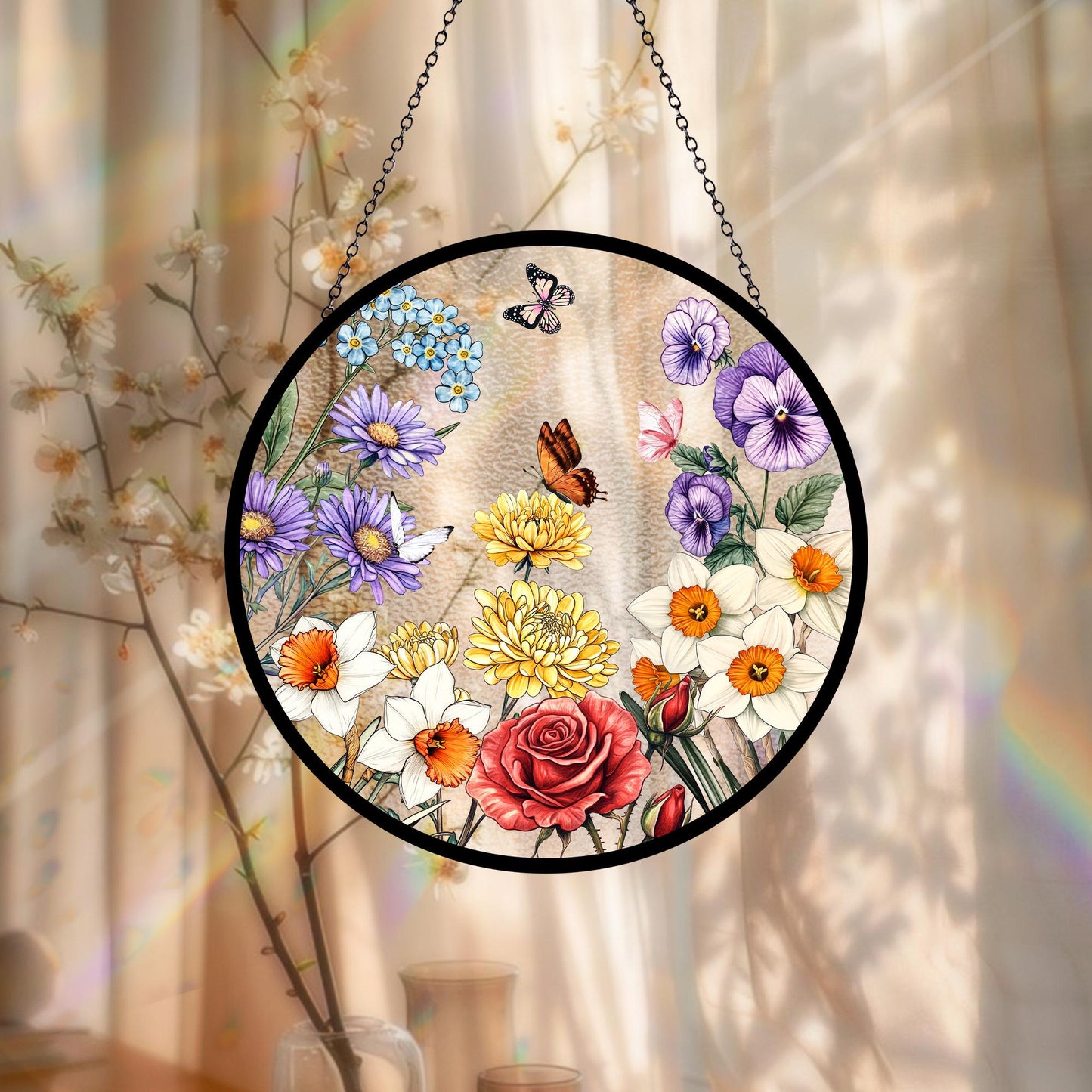 Custom Family Birth Flowers Glass Suncatcher, Mother's Day Gift, Flower Glass Art, Grandma's Garden Decor, Botanical Art, Nana's Blessings (Sun-55)