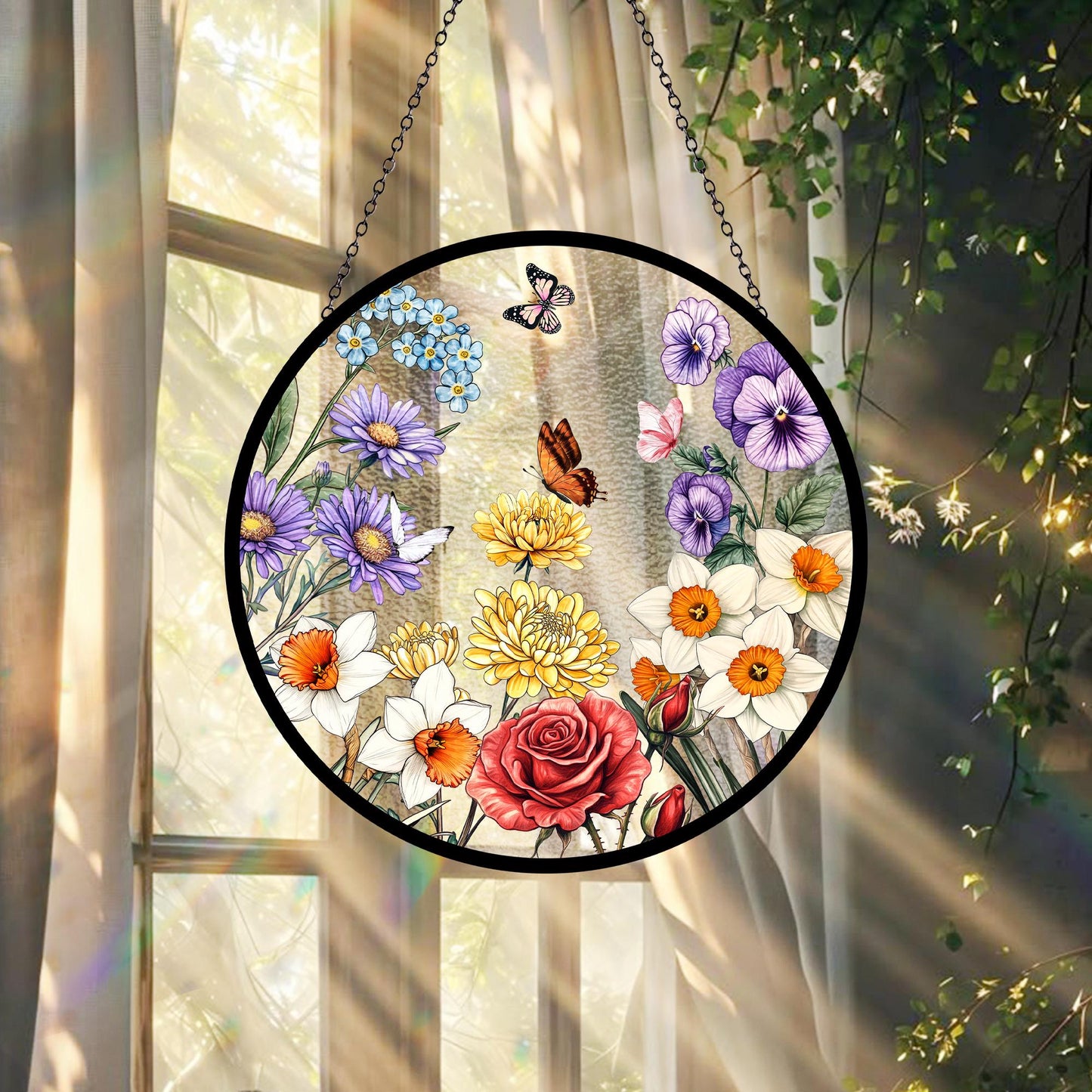 Custom Family Birth Flowers Glass Suncatcher, Mother's Day Gift, Flower Glass Art, Grandma's Garden Decor, Botanical Art, Nana's Blessings (Sun-55)
