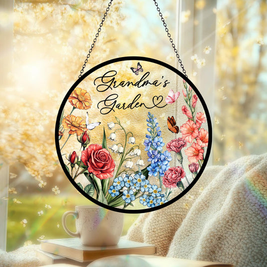 Custom Family Birth Flowers Glass Suncatcher, Mother's Day Gift, Flower Glass Art, Grandma's Garden Decor, Botanical Art, Nana's Blessings (Sun-55)