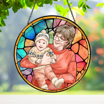 Personalized Grandma Portrait Stained Glass Suncatcher Window, Mother's Day Gift for Grandma, New Grandma Gift, New Mom Gift 2025 (Sun-51)