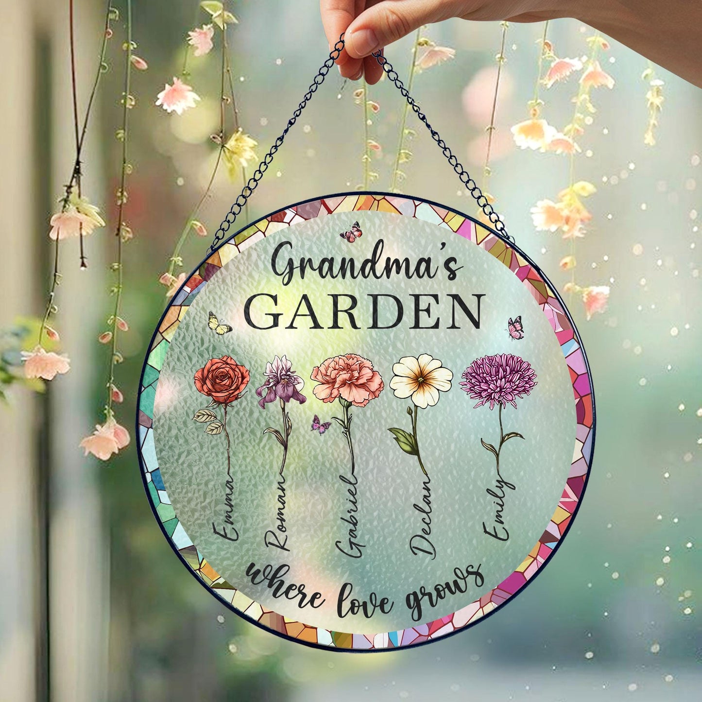 Grandma's Garden Glass Suncatcher Gift For Grandma,Personalized Birth Flower Stained Glass Window Glass Suncatcher,Mother's Day Gift For Grandma, Glass Suncatcher (Sun-74)