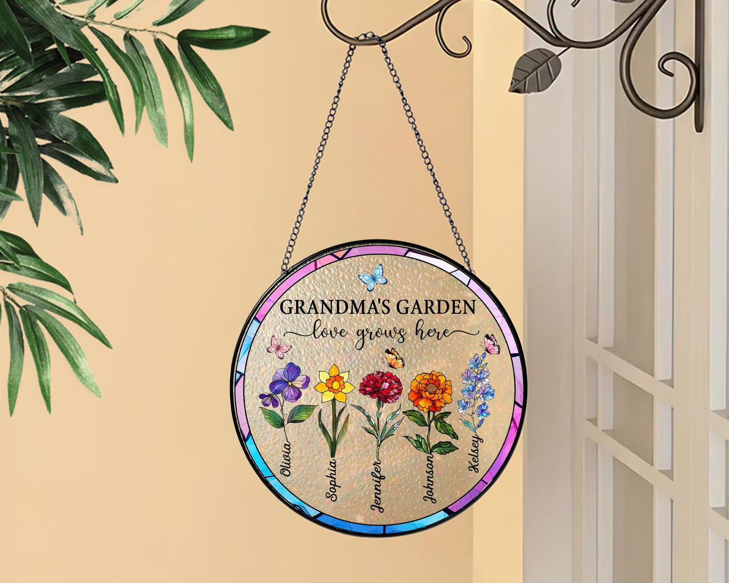 Suncatchers Stained Glass Flower, Personalized Grandma's Garden Suncatcher, Mothers Day Gifts Fo Grandma, Nana Stained Glass Window Hangings (Sun-53)
