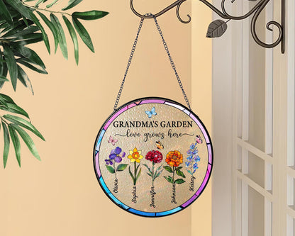 Suncatchers Stained Glass Flower, Personalized Grandma's Garden Suncatcher, Mothers Day Gifts Fo Grandma, Nana Stained Glass Window Hangings (Sun-53)