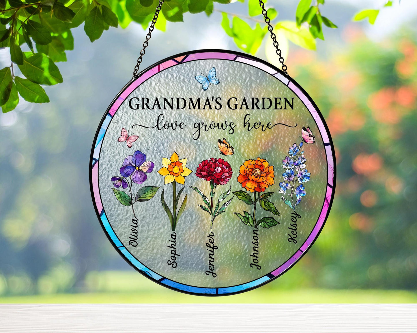 Suncatchers Stained Glass Flower, Personalized Grandma's Garden Suncatcher, Mothers Day Gifts Fo Grandma, Nana Stained Glass Window Hangings (Sun-53)