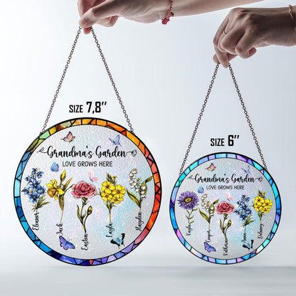 Custom Family Birth Flowers Glass Suncatcher, Grandma's Garden Stained Glass Suncatcher Home Decor, Mother's Day Gift, Flower Glass Art (Sun-59)