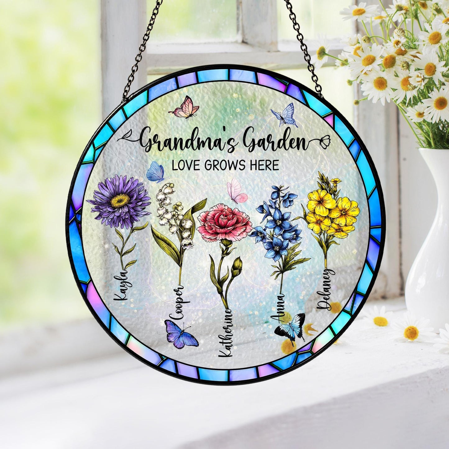 Custom Family Birth Flowers Glass Suncatcher, Grandma's Garden Stained Glass Suncatcher Home Decor, Mother's Day Gift, Flower Glass Art (Sun-59)