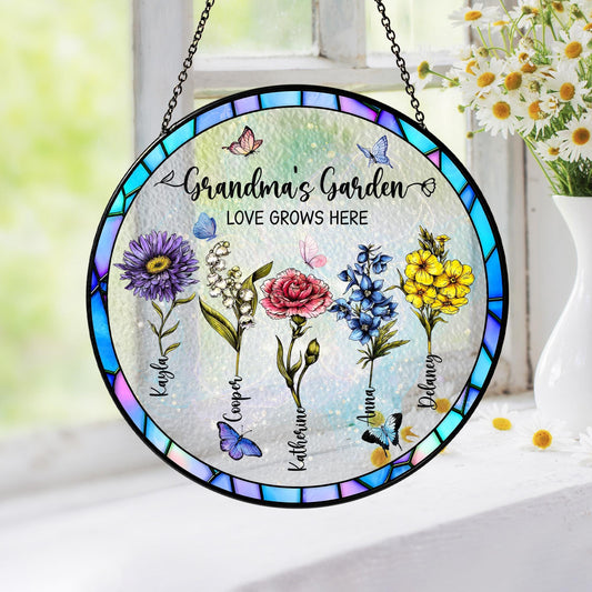 Custom Family Birth Flowers Glass Suncatcher, Grandma's Garden Stained Glass Suncatcher Home Decor, Mother's Day Gift, Flower Glass Art (Sun-59)