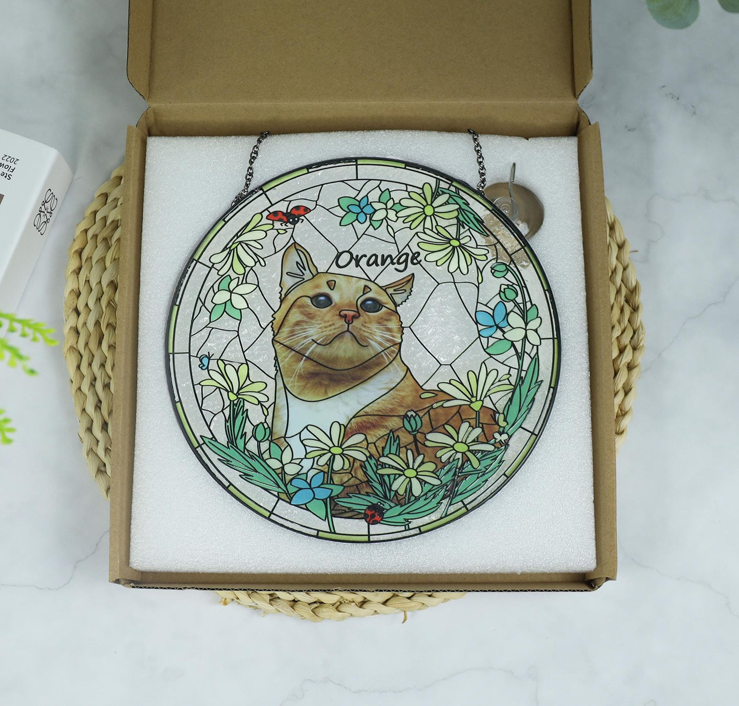 Custom Pet & Birth Flower Stained Glass Suncatcher, Pet Portrait from Photo Glass Art, Stained Glass Cat / Dog Pet Memorial, Pet Loss gifts (Sun-133)