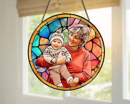 Personalized Grandma Portrait Stained Glass Suncatcher Window, Mother's Day Gift for Grandma, New Grandma Gift, New Mom Gift 2025 (Sun-51)