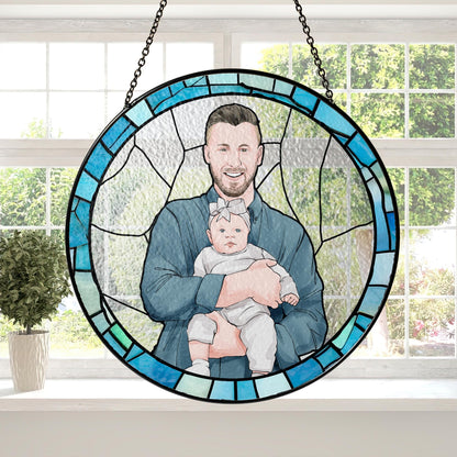 Father's Day Gift for Dad, Custom Photo Stained Glass Gift for Grandpa, New Dad Gift, Custom Dad Photo Stained Glass Suncatcher, Glass Suncatcher Dad Birthday (Sun-126)