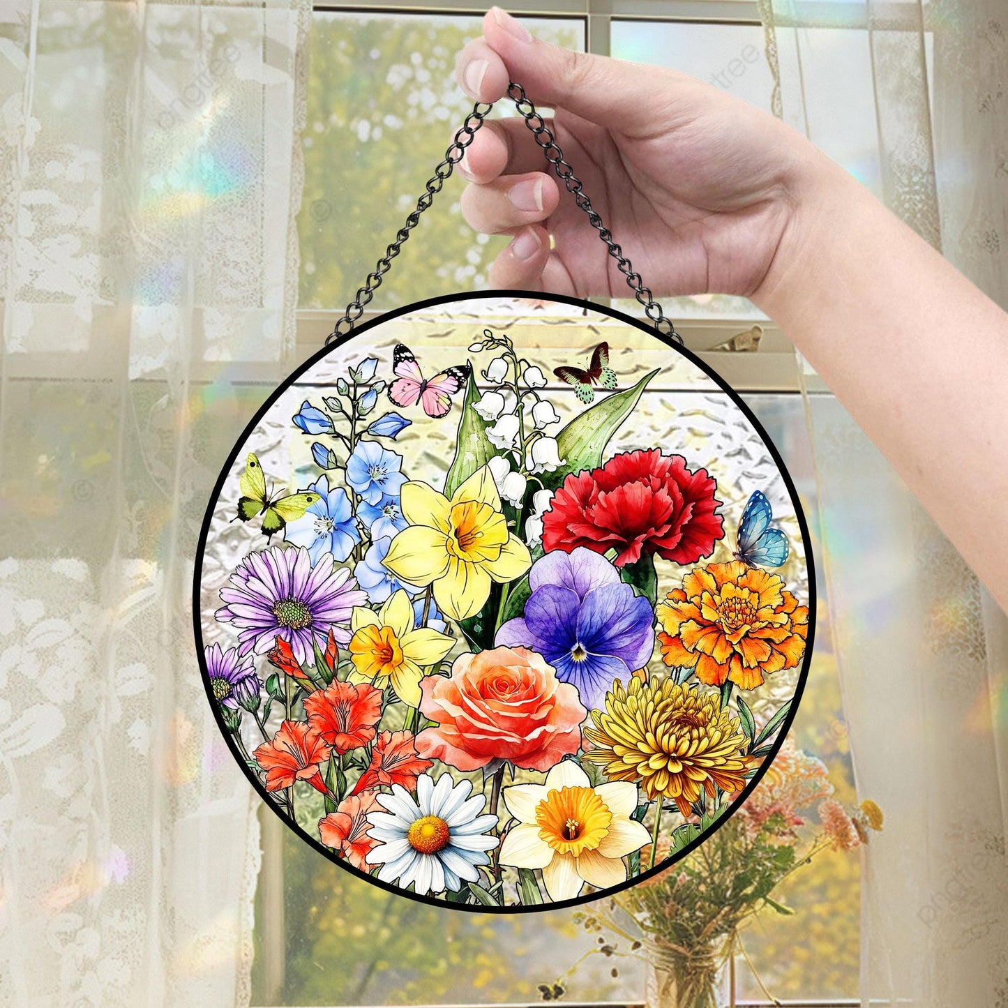 Personalized Family Birth Flower Glass Suncatcher, Mother's Day Gift, Custom Glass Art, Nana's Blessings, Mommy's Garden Decor (Sun-72)