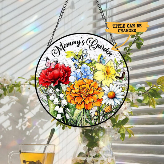Personalized Family Birth Flower Glass Suncatcher, Mother's Day Gift, Custom Glass Art, Nana's Blessings, Mommy's Garden Decor (Sun-72)