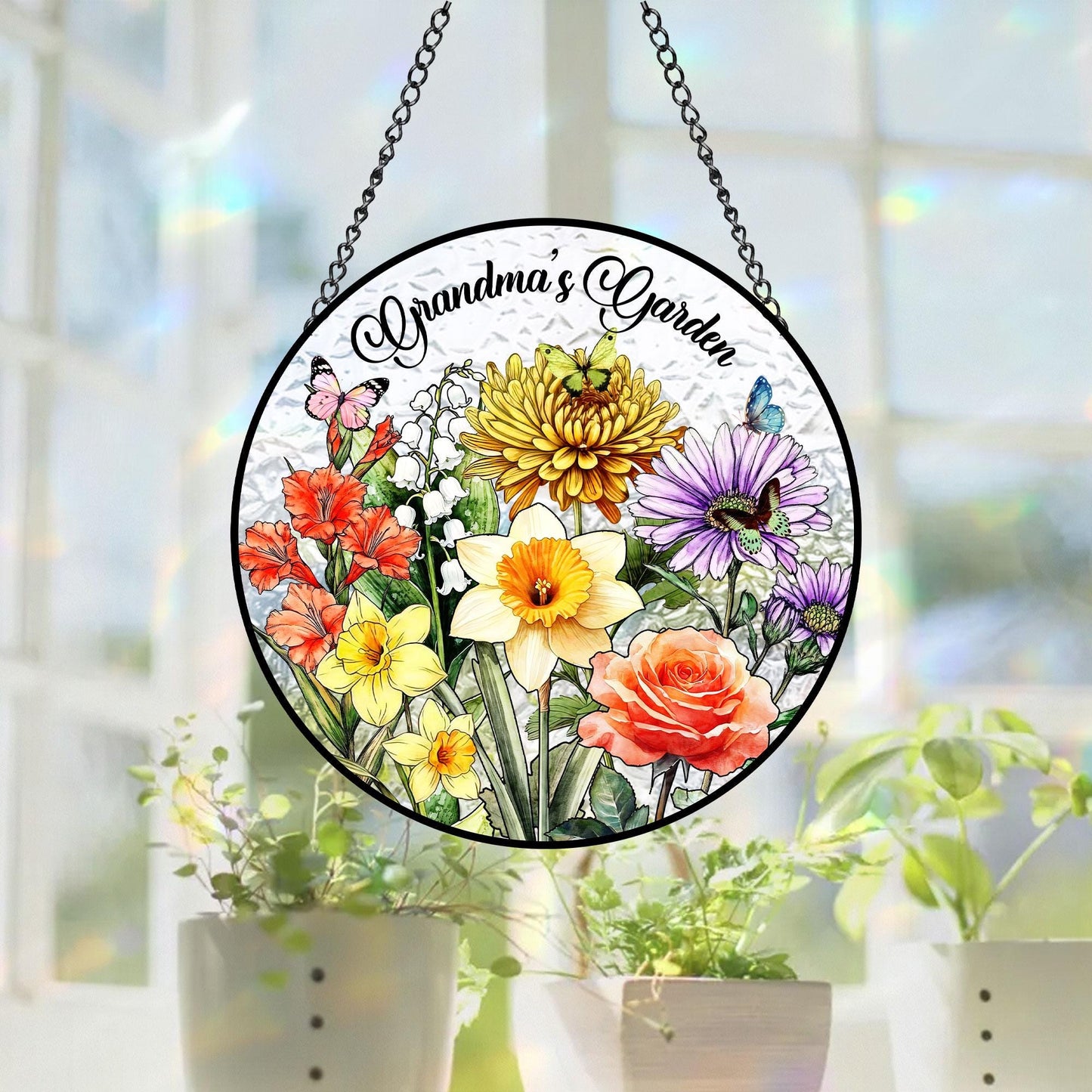Personalized Family Birth Flower Glass Suncatcher, Mother's Day Gift, Custom Glass Art, Nana's Blessings, Mommy's Garden Decor (Sun-72)