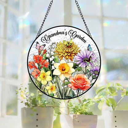 Personalized Family Birth Flower Glass Suncatcher, Mother's Day Gift, Custom Glass Art, Nana's Blessings, Mommy's Garden Decor (Sun-72)