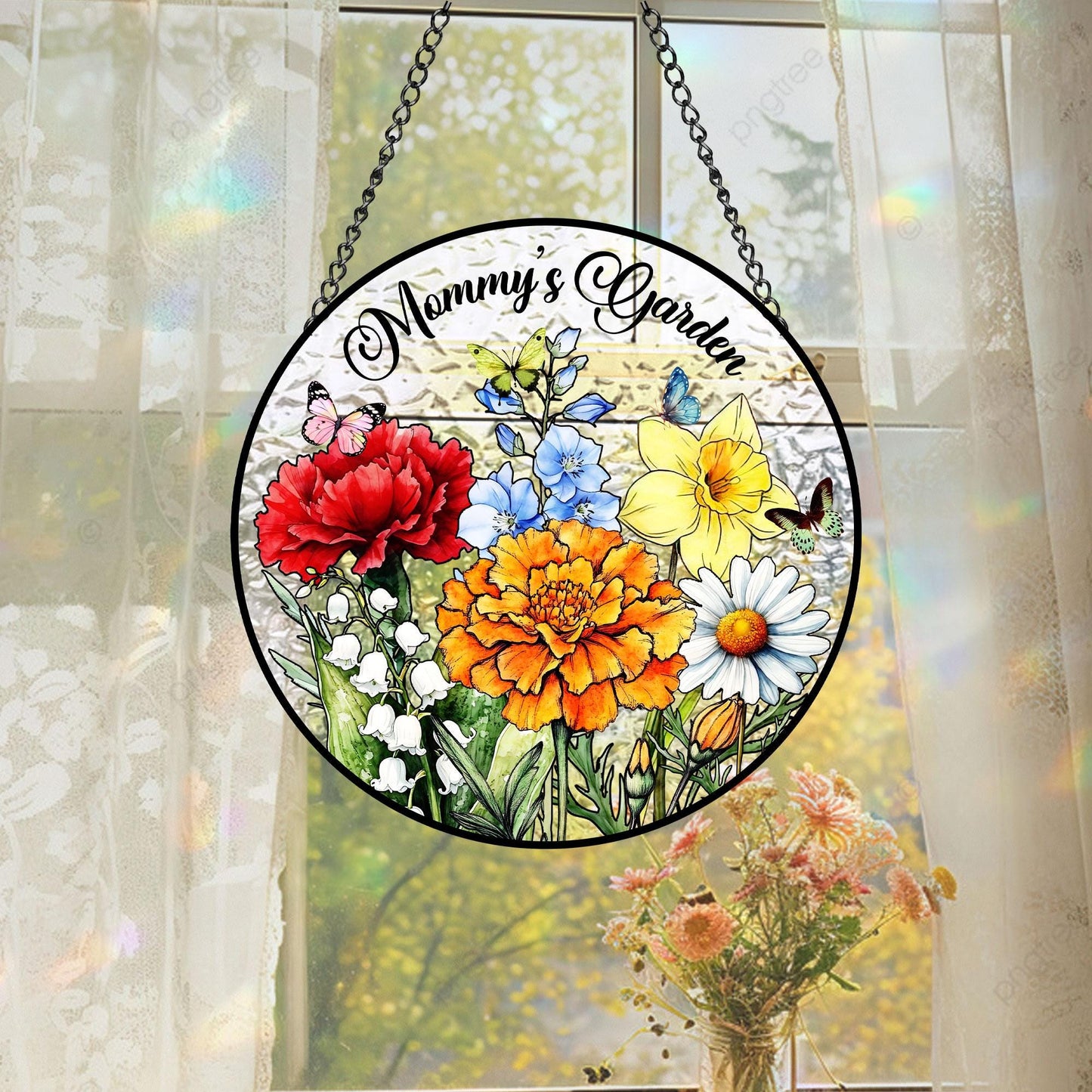 Personalized Family Birth Flower Glass Suncatcher, Mother's Day Gift, Custom Glass Art, Nana's Blessings, Mommy's Garden Decor (Sun-72)