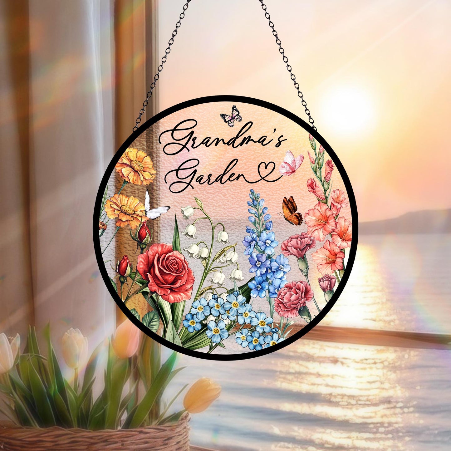 Custom Family Birth Flowers Glass Suncatcher, Mother's Day Gift, Flower Glass Art, Grandma's Garden Decor, Botanical Art, Nana's Blessings (Sun-55)