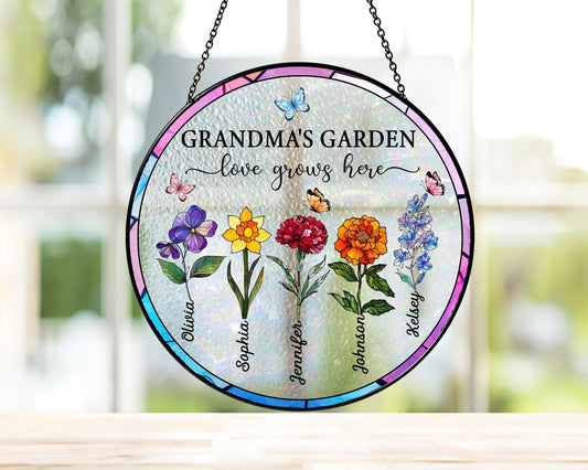 Suncatchers Stained Glass Flower, Personalized Grandma's Garden Suncatcher, Mothers Day Gifts Fo Grandma, Nana Stained Glass Window Hangings (Sun-53)