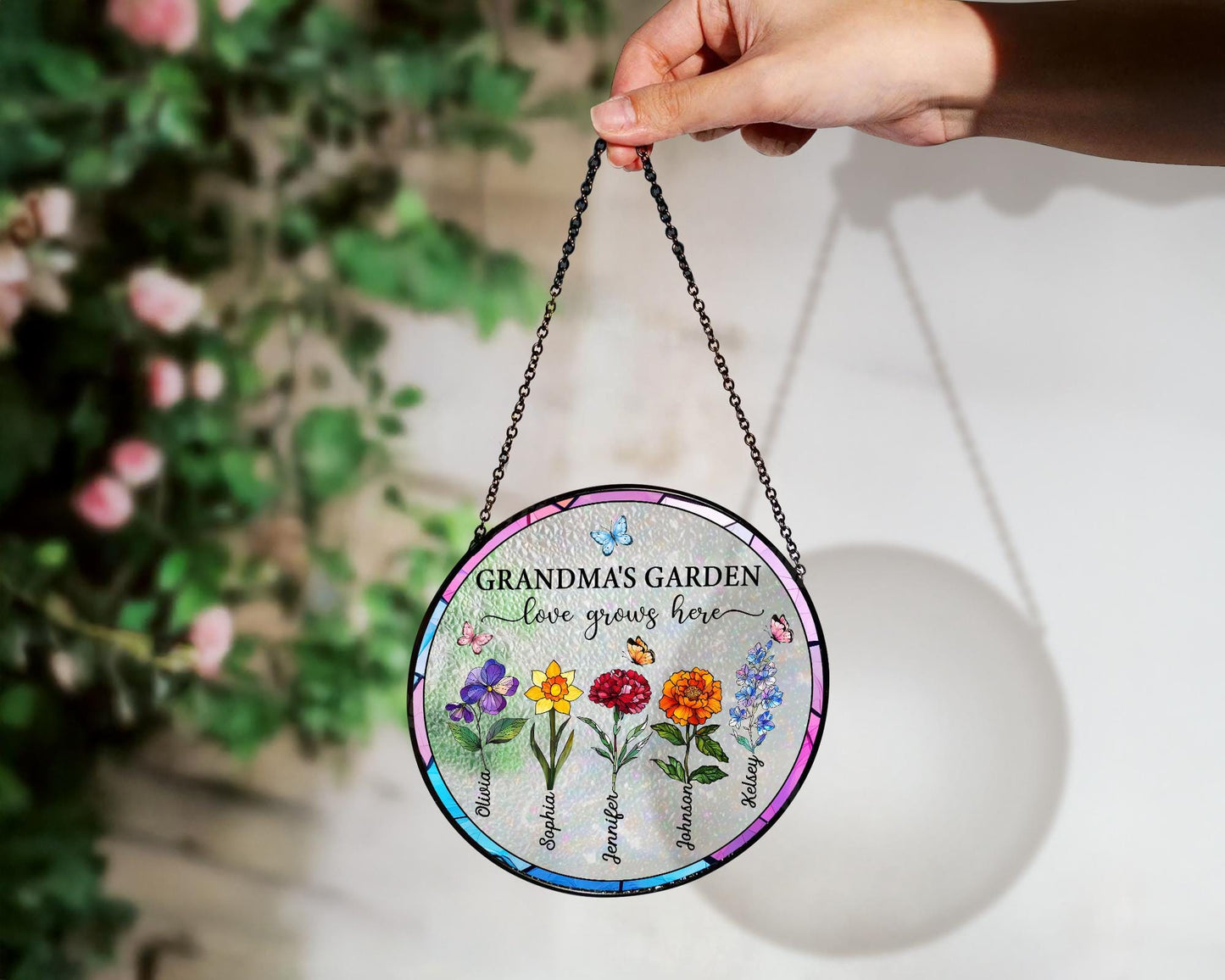 Suncatchers Stained Glass Flower, Personalized Grandma's Garden Suncatcher, Mothers Day Gifts Fo Grandma, Nana Stained Glass Window Hangings (Sun-53)