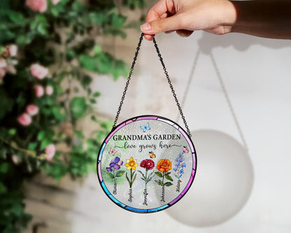 Suncatchers Stained Glass Flower, Personalized Grandma's Garden Suncatcher, Mothers Day Gifts Fo Grandma, Nana Stained Glass Window Hangings (Sun-53)