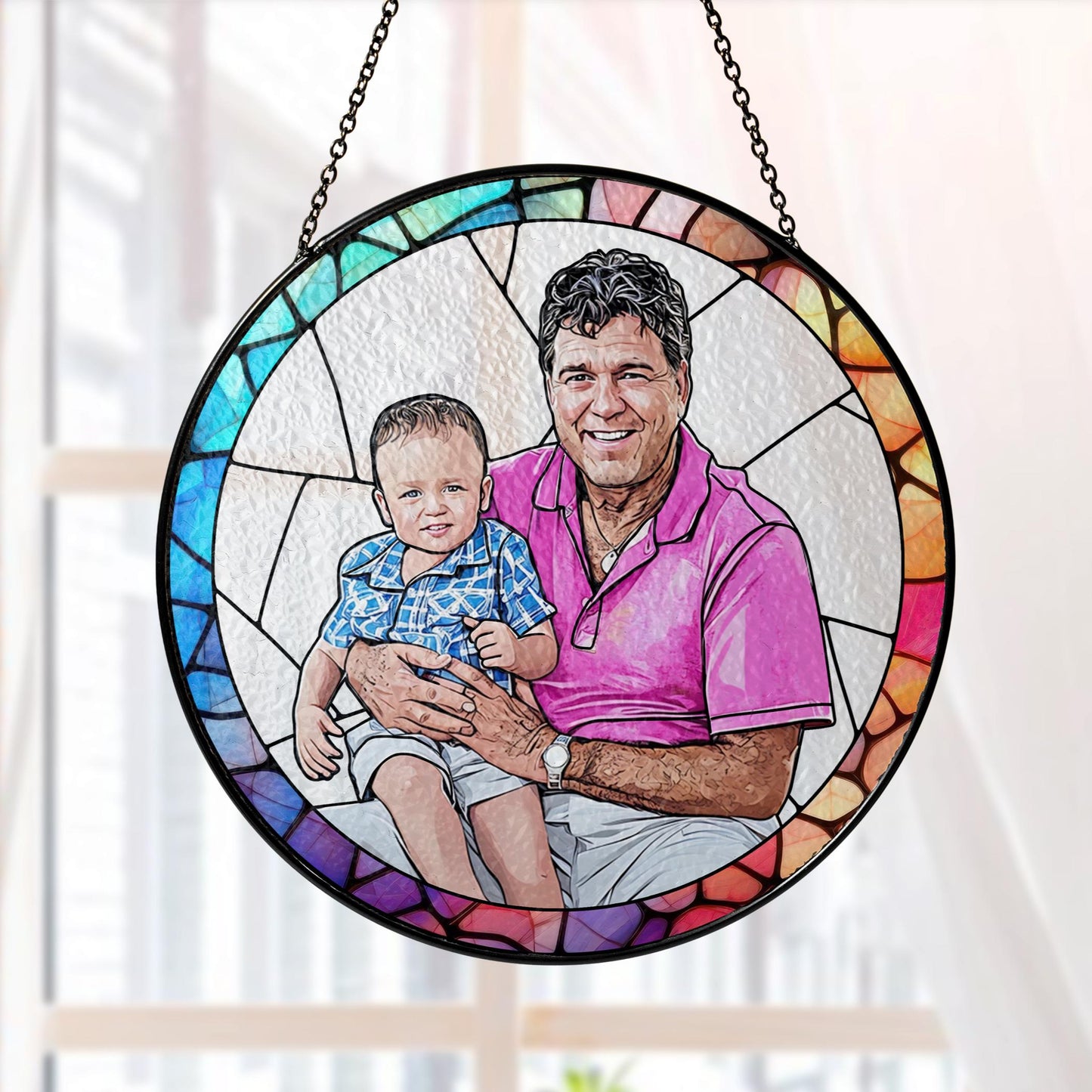 Personalized Fathers Day Gift, Custom Dad Portrait Stained Glass, Dad Gift From Kid, Dad Birthday Gifts, Dad Suncatcher Window Hanging (Sun-125)