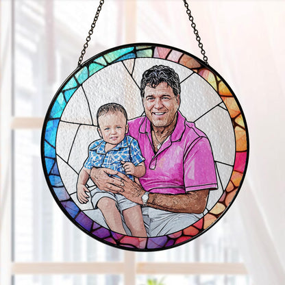 Personalized Fathers Day Gift, Custom Dad Portrait Stained Glass, Dad Gift From Kid, Dad Birthday Gifts, Dad Suncatcher Window Hanging (Sun-125)