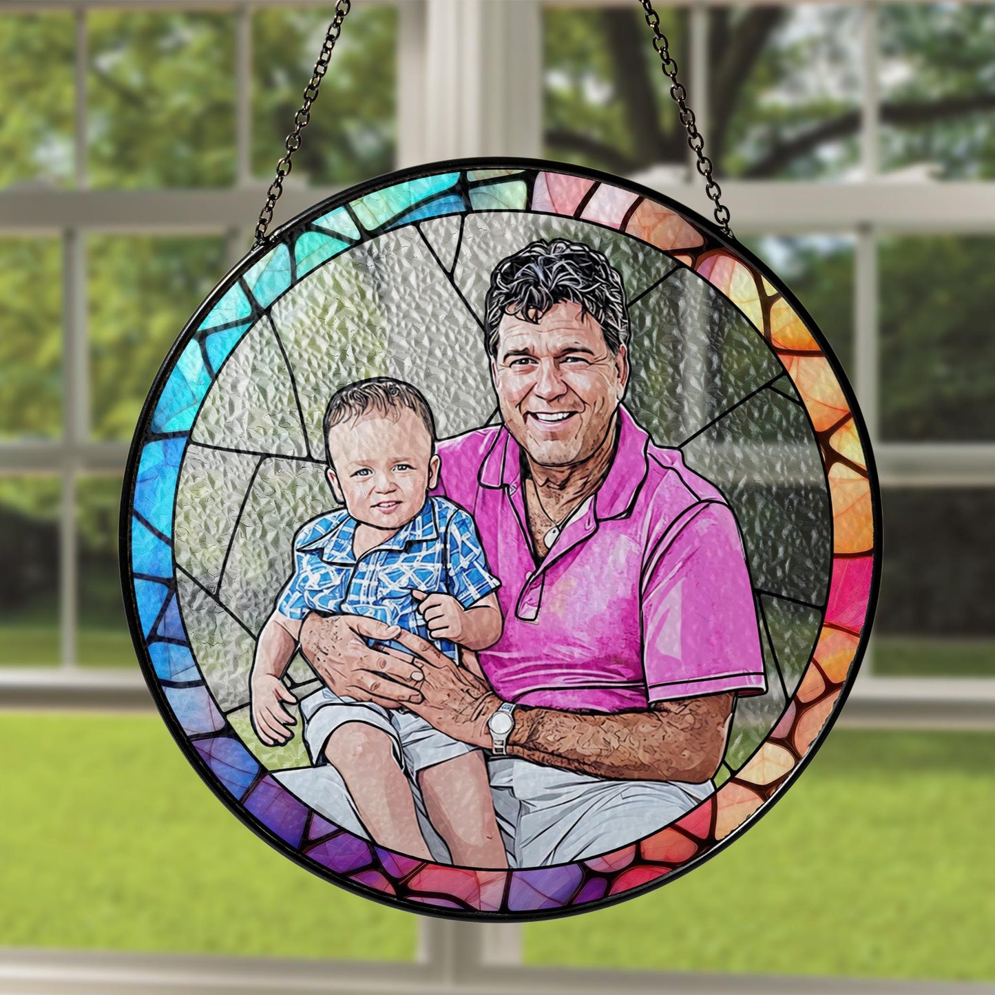 Personalized Fathers Day Gift, Custom Dad Portrait Stained Glass, Dad Gift From Kid, Dad Birthday Gifts, Dad Suncatcher Window Hanging (Sun-125)