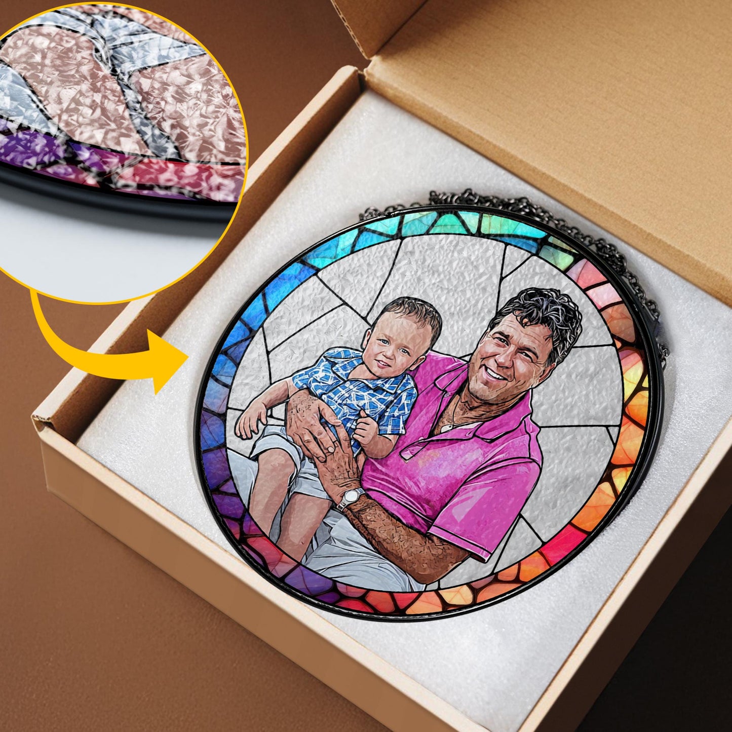 Personalized Fathers Day Gift, Custom Dad Portrait Stained Glass, Dad Gift From Kid, Dad Birthday Gifts, Dad Suncatcher Window Hanging (Sun-125)