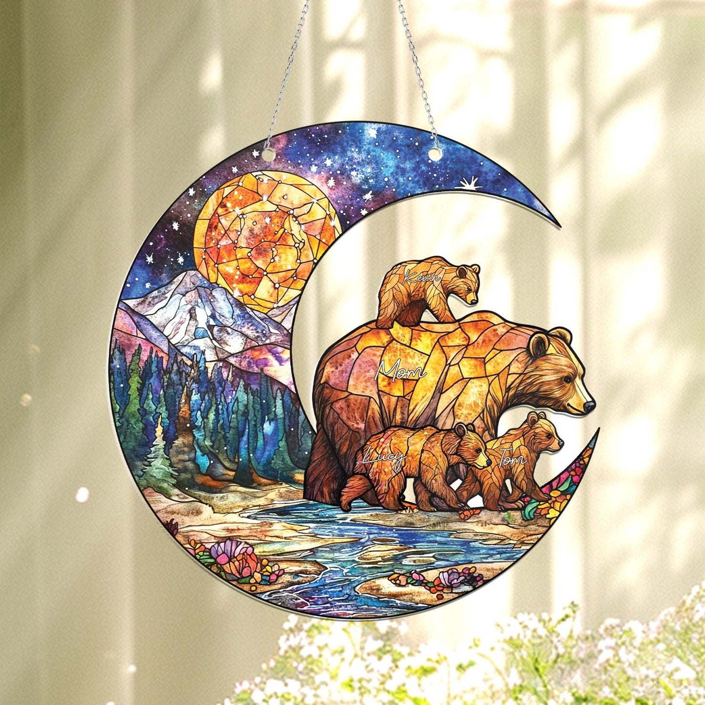 Personalized Mama Bear Glass Suncatcher, Bear Family Gift, Custom Mama Bear Gift, Mother's Day Gift, Mom Gift From Kids, Window Hanging (H-Sun-07)