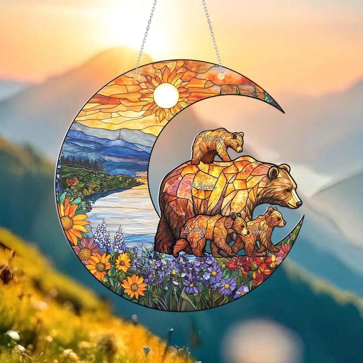 Personalized Mama Bear Glass Suncatcher, Bear Family Gift, Custom Mama Bear Gift, Mother's Day Gift, Mom Gift From Kids, Window Hanging (H-Sun-07)