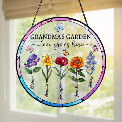 Suncatchers Stained Glass Flower, Personalized Grandma's Garden Suncatcher, Mothers Day Gifts Fo Grandma, Nana Stained Glass Window Hangings (Sun-53)