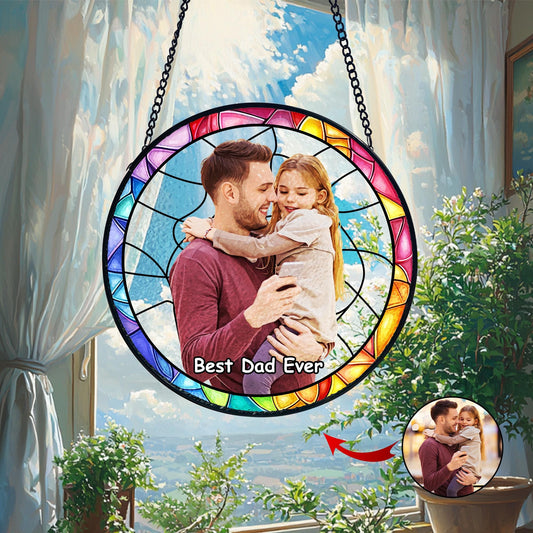 Personalized Dad Portrait Stained Glass Suncatcher, Dad and Kids Window Hanging, Father's Day Gifts, Gifts for Grandpa or Dad, New Dad Gifts (Sun-159)