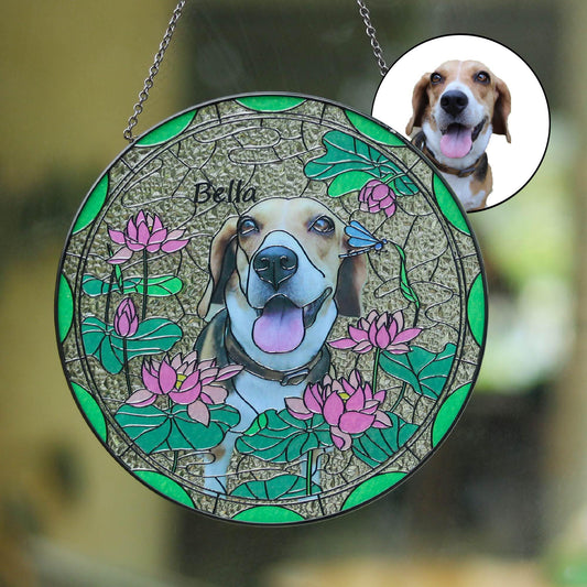 Custom Pet & Birth Flower Stained Glass Suncatcher, Pet Portrait from Photo Glass Art, Stained Glass Cat / Dog Pet Memorial, Pet Loss gifts (Sun-133)