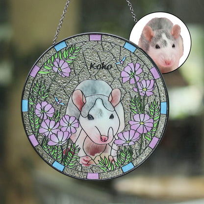 Custom Pet & Birth Flower Stained Glass Suncatcher, Pet Portrait from Photo Glass Art, Stained Glass Cat / Dog Pet Memorial, Pet Loss gifts (Sun-133)