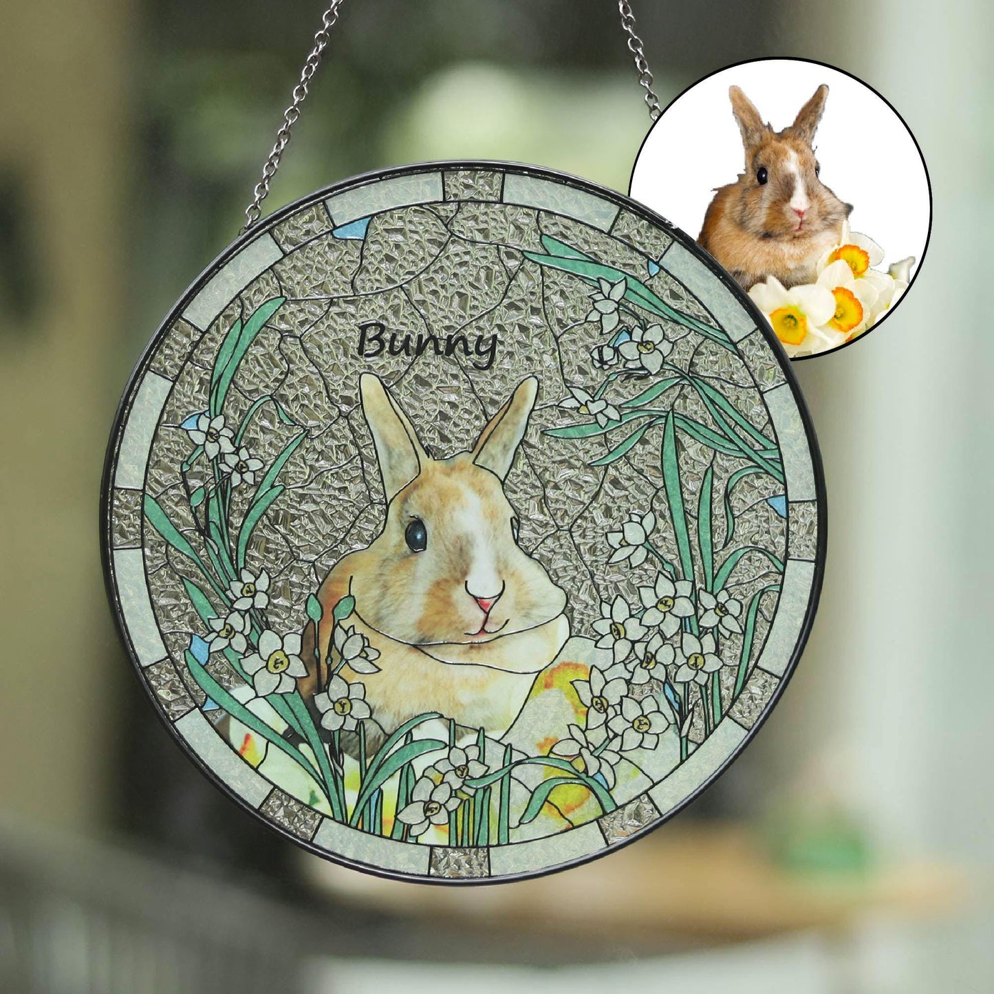 Custom Pet & Birth Flower Stained Glass Suncatcher, Pet Portrait from Photo Glass Art, Stained Glass Cat / Dog Pet Memorial, Pet Loss gifts (Sun-133)