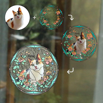 Custom Pet & Birth Flower Stained Glass Suncatcher, Pet Portrait from Photo Glass Art, Stained Glass Cat / Dog Pet Memorial, Pet Loss gifts (Sun-133)