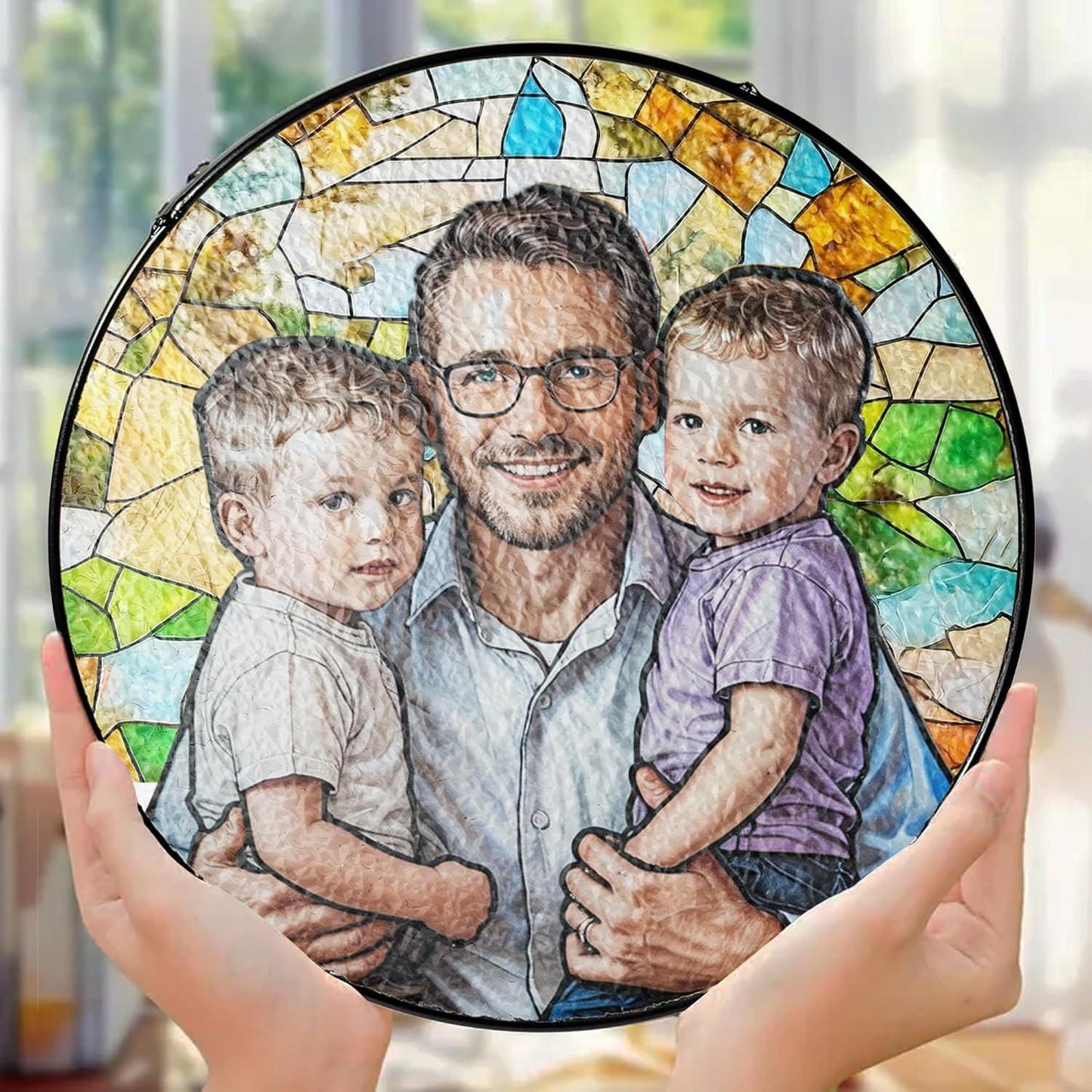 Fathers Day Glass Suncatcher, Custom Photo Stained Glass Gift for Grandpa, New Dad Gift, Custom Dad Photo Stained Glass Suncatcher, Dad Birthday (Sun-154)